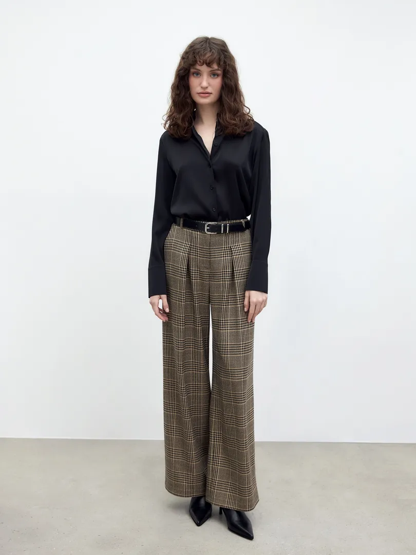 Прямые широкие брюки со складками из костюмной ткани в клетку Pompa